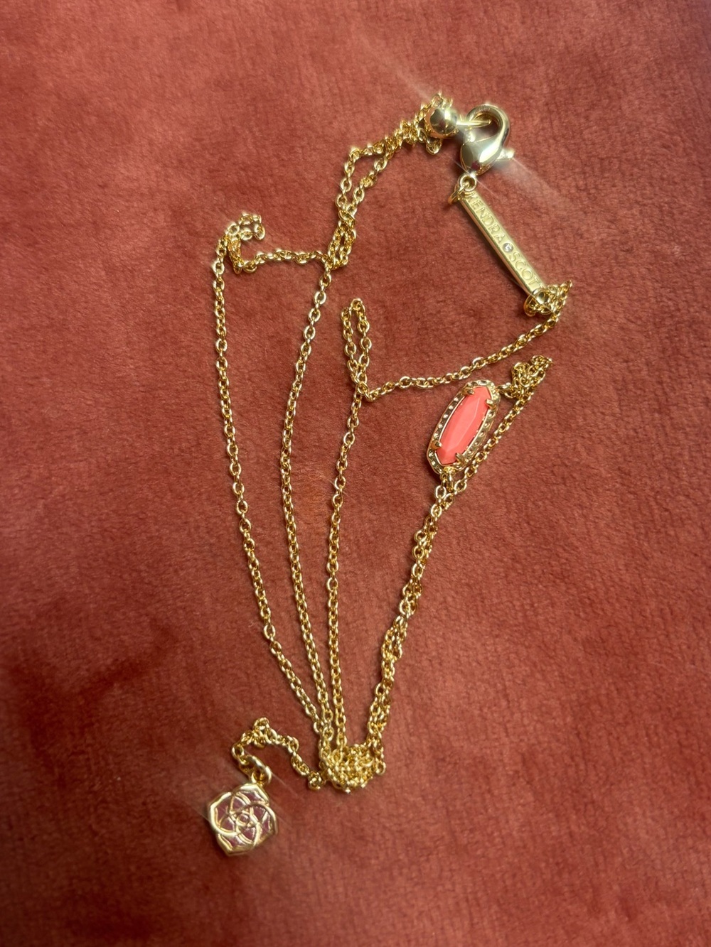 Kendra Scott Gold Layered Pendant Necklace with Coral-Pink Stone
